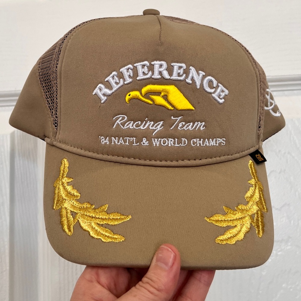 Reference Racing Team Trucker Hat Tan Gold Embroidery